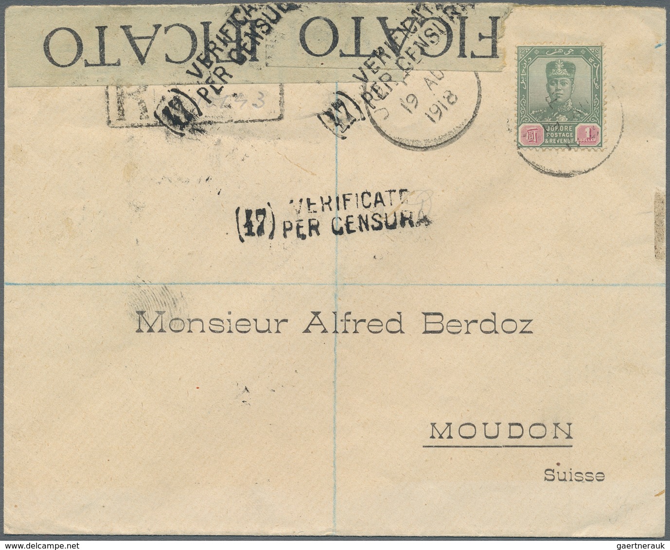 Malaiische Staaten - Johor: 1918, Registered Cover With 1 Dollar Single Frankiing From "JOHORE 19 AU - Johore