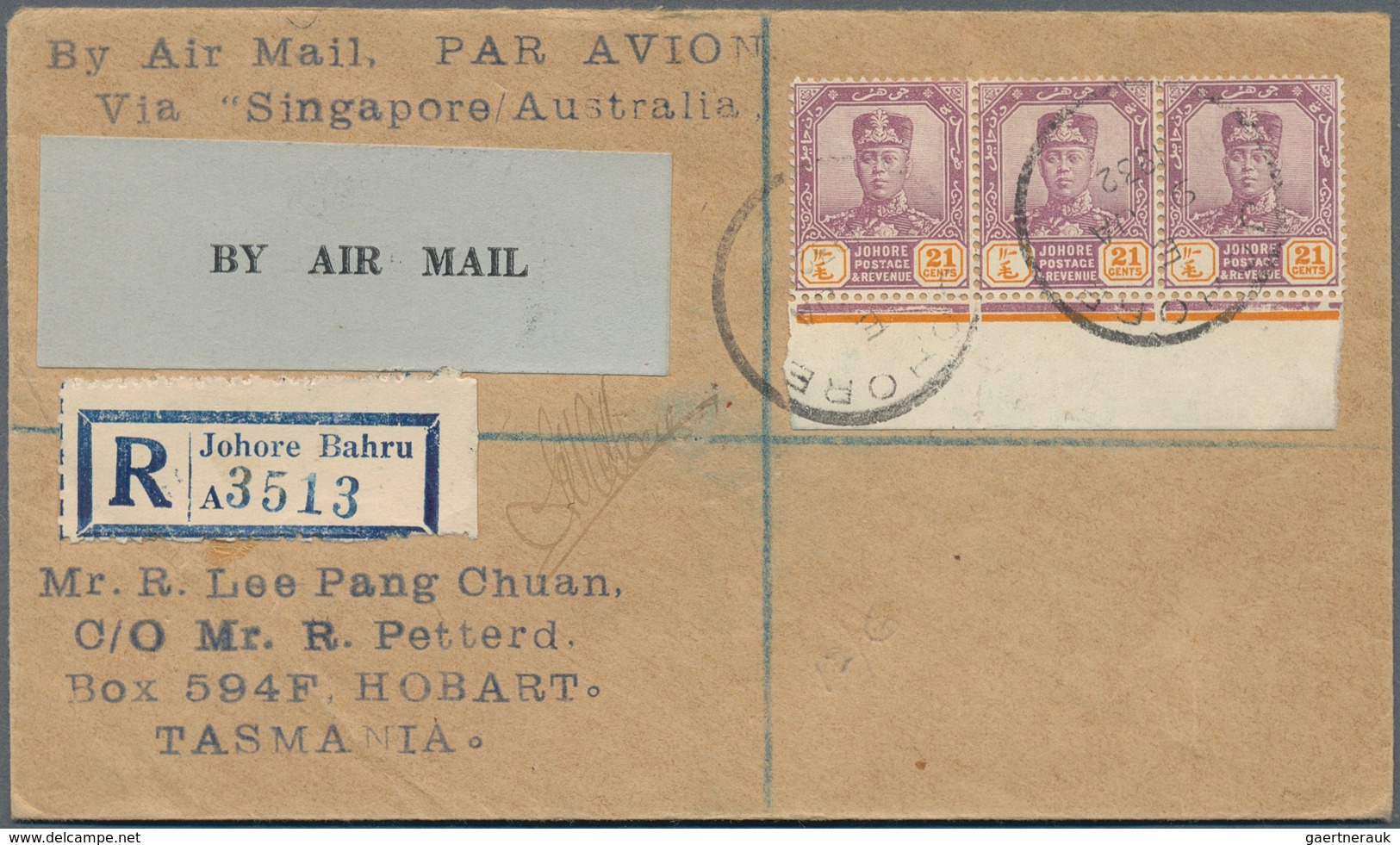 Malaiische Staaten - Johor: 1932, Singapore-Australia Special Flight: 21 C., A Bottom Margin Strip-3 - Johore