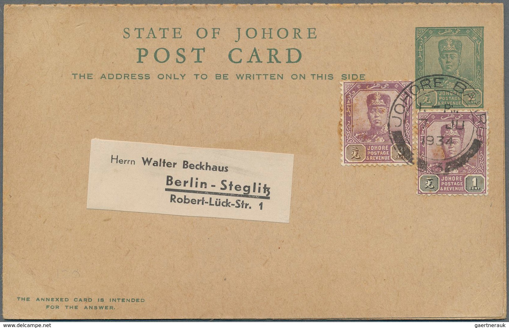 Malaiische Staaten - Johor: 1934: Postal Stationery Double Card 2c+2c Green, Sender And Reply Part B - Johore