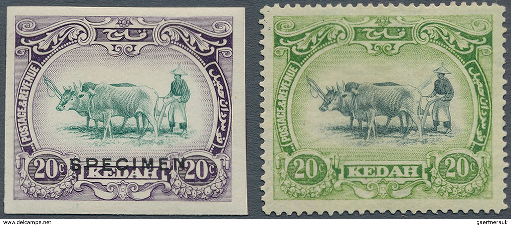 Malaiische Staaten - Kedah: 1921, Malay Ploughing 20 C. Deep Green And Purple, Imperforated Colour P - Kedah