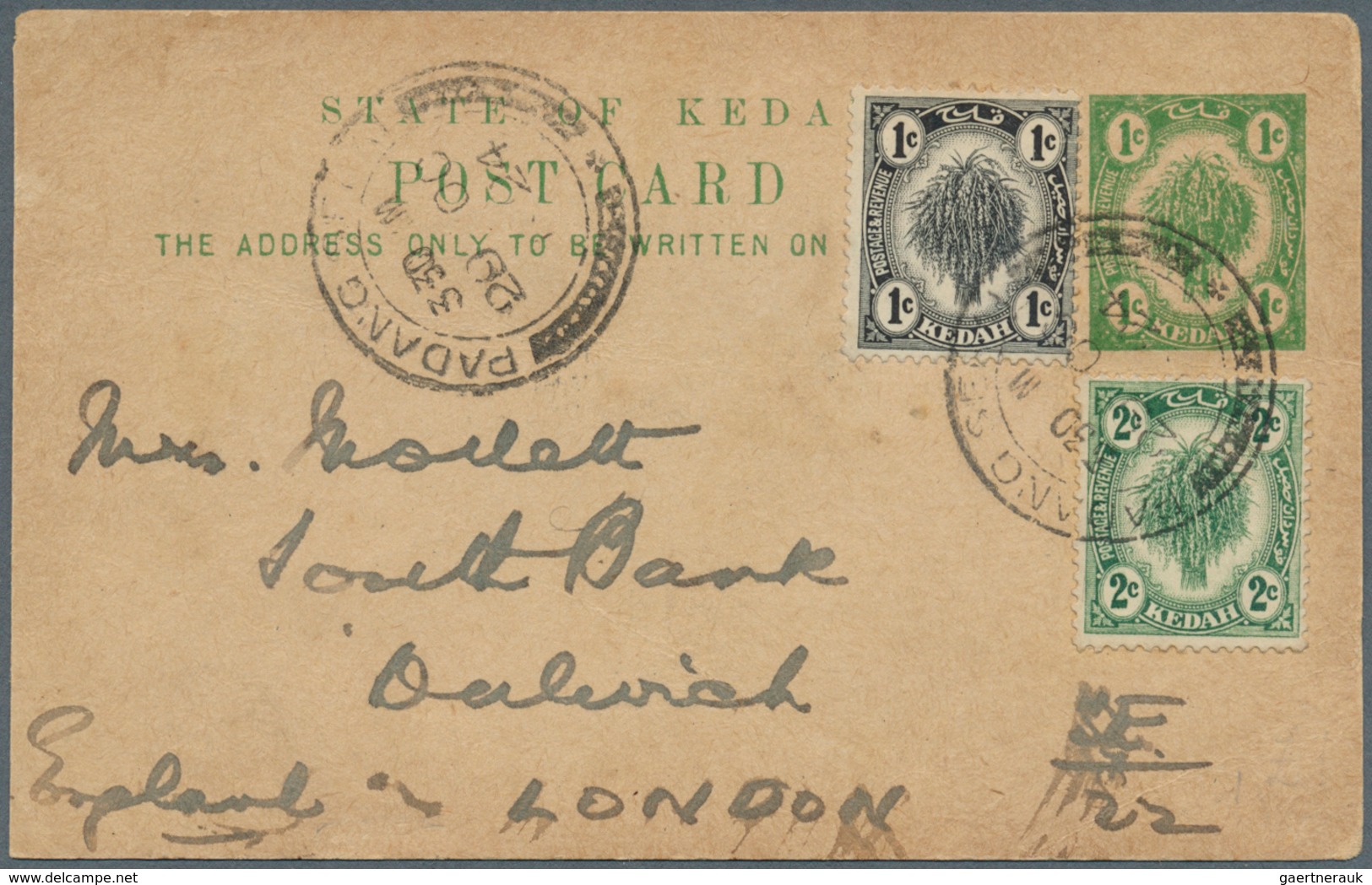 Malaiische Staaten - Kedah: Padang Serai: 1924 (20/10) 1c Stationery Card To London, Uprated With 19 - Kedah