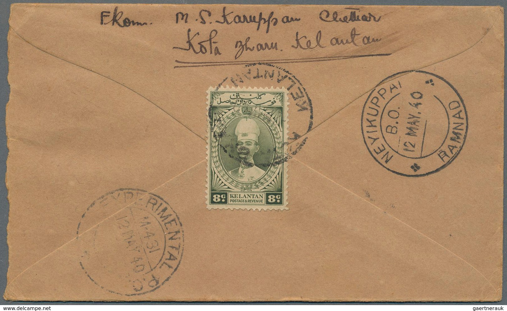 Malaiische Staaten - Kelantan: 1940, Four covers from Kota Bharu to Neyikuppai, India franked by Sul