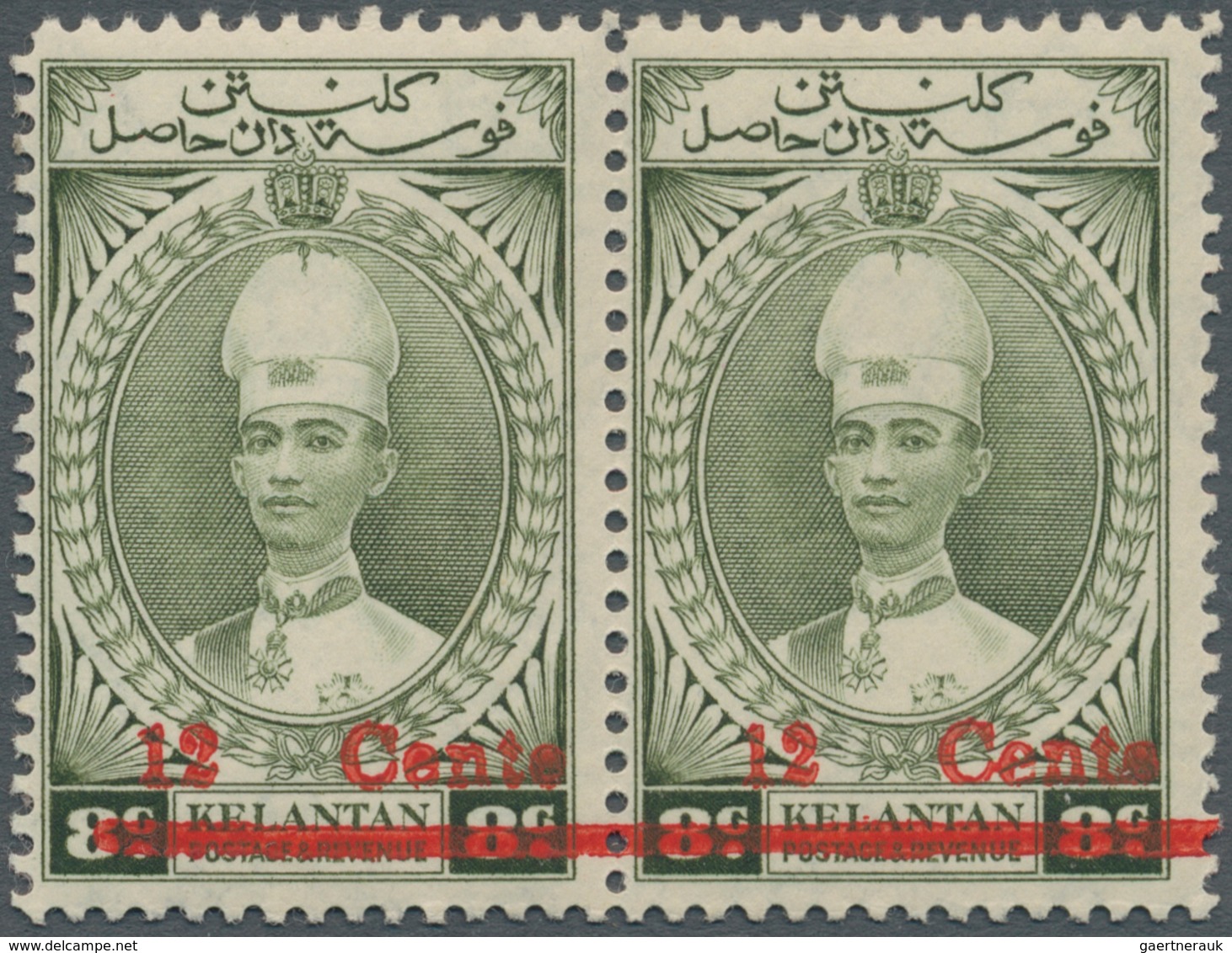 Malaiische Staaten - Kelantan: 1942 Jap. Occ.: 'Sultan Ismail' "12 Cents" On 8c Grey Olive Pair, Wit - Kelantan