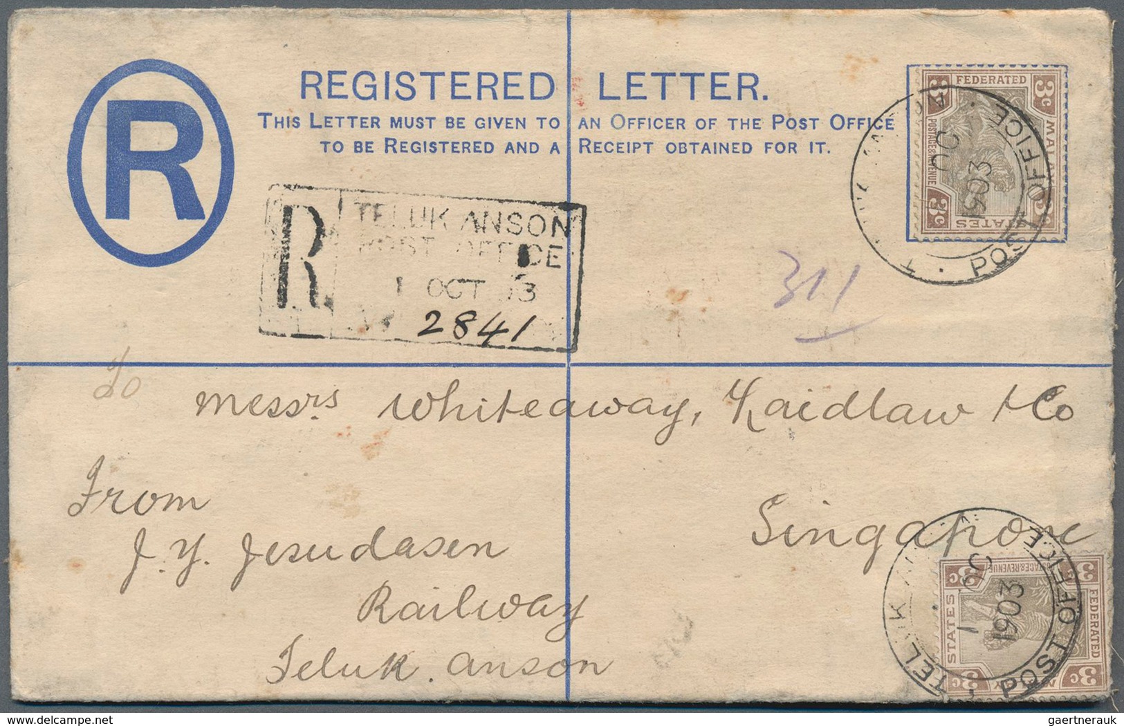 Malaiische Staaten - Perak: 1903 Fed. Malay States Postal Stationery Registered Envelope 5c. Used Fr - Perak