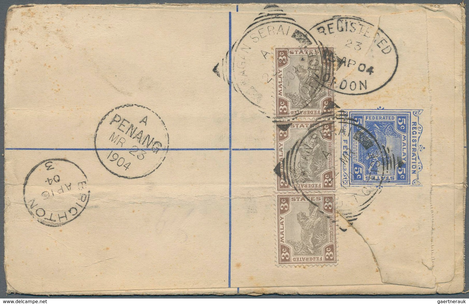 Malaiische Staaten - Perak: 1904, 3c. Grey/brown Horiz. Strip Of Three Uprating A Registered Station - Perak