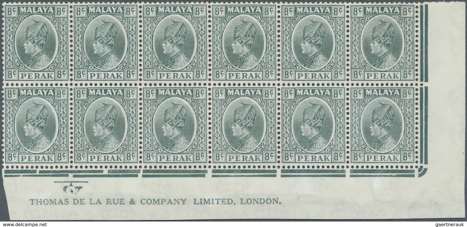 Malaiische Staaten - Perak: 1935, 8c. Grey, Marginal Block Of Twelve From The Lower Right Corner Of - Perak
