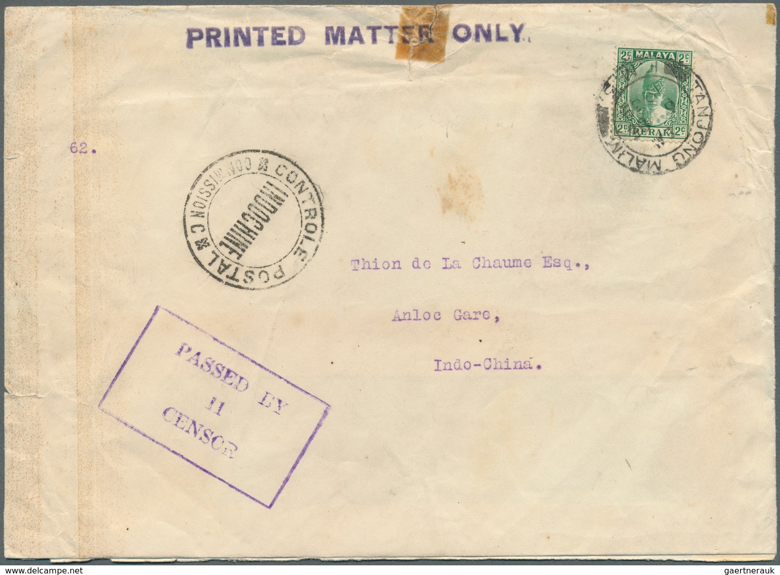 Malaiische Staaten - Perak: 1939. Envelope Addressed To Indo-China Headed 'Printed Matter Only' Bear - Perak