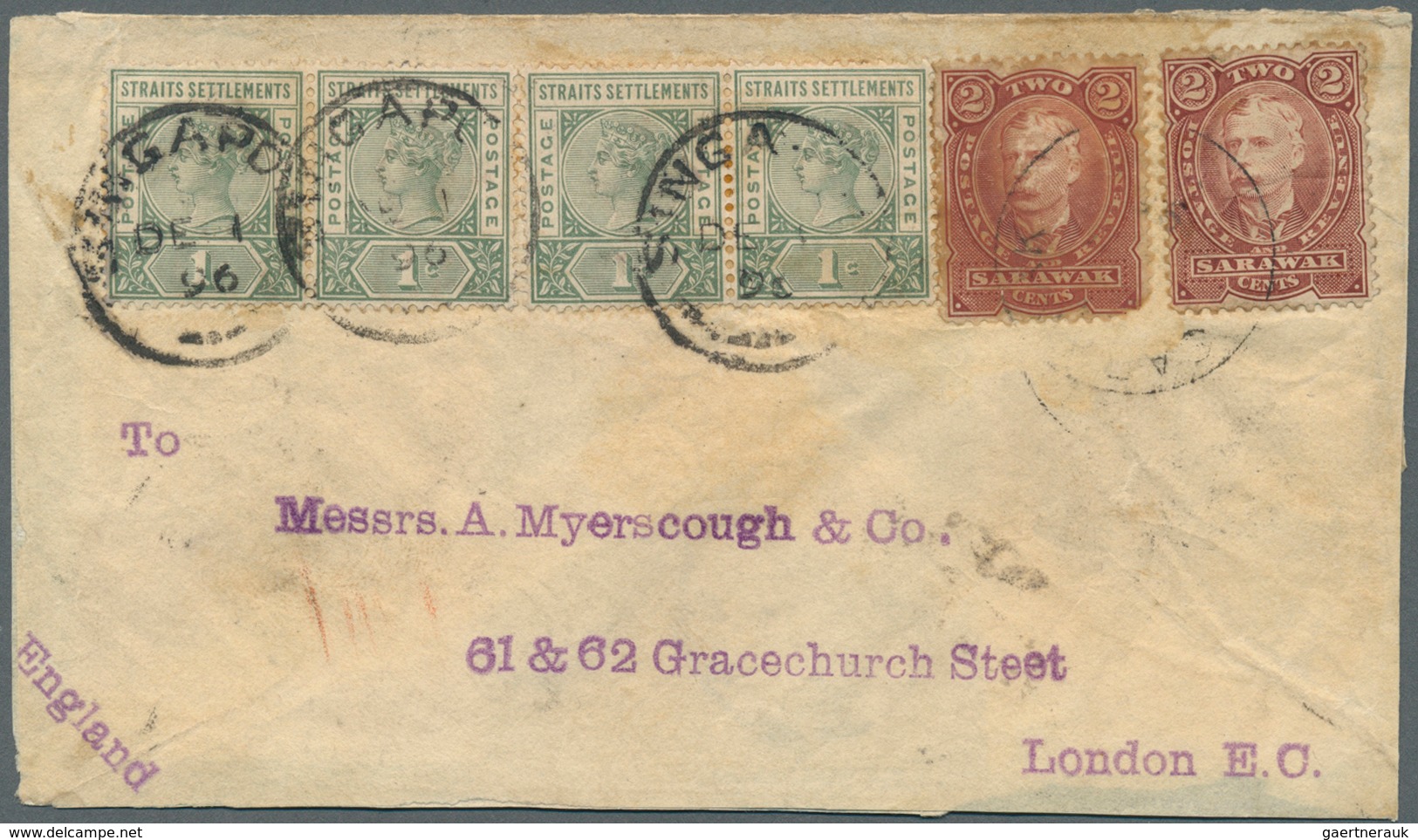 Malaiische Staaten - Sarawak: 1896, Sir Charles Brooke 2c. Brown-red Two Singles Used On Cover With - Otros & Sin Clasificación