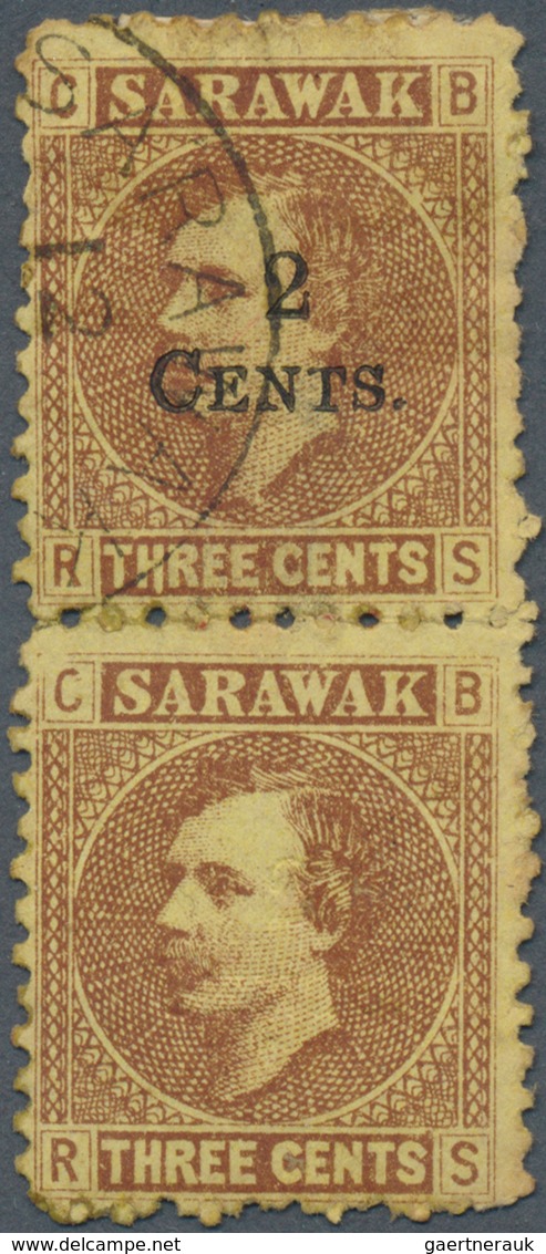Malaiische Staaten - Sarawak: 1899, 2c. On 3c. Brown/yellow, Vertical Pair Showing Variety "lower St - Sonstige & Ohne Zuordnung