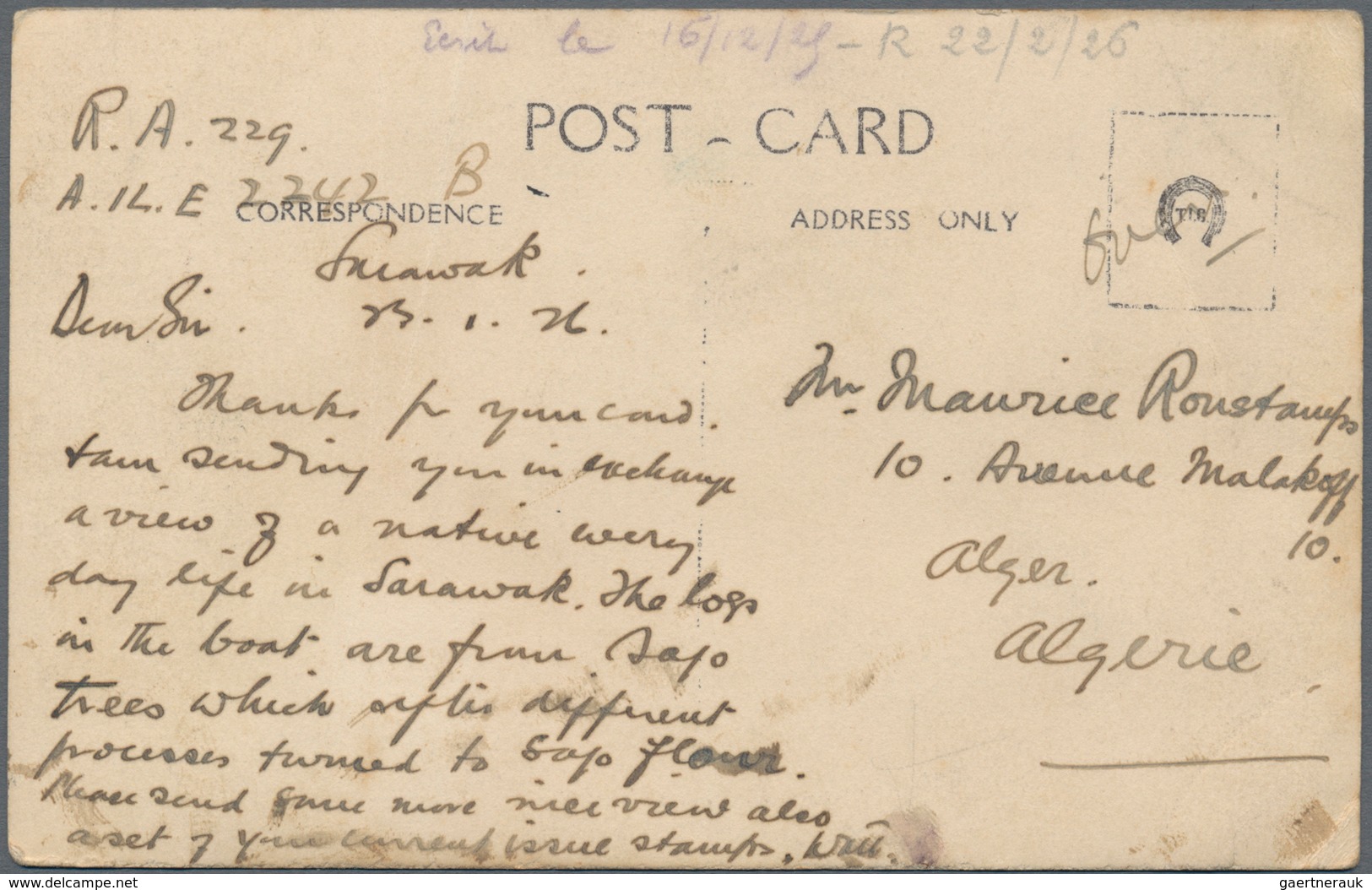 Malaiische Staaten - Sarawak: 1926. Photographic Post Card (creased) Of 'Logs From Sago Trees In Boa - Otros & Sin Clasificación