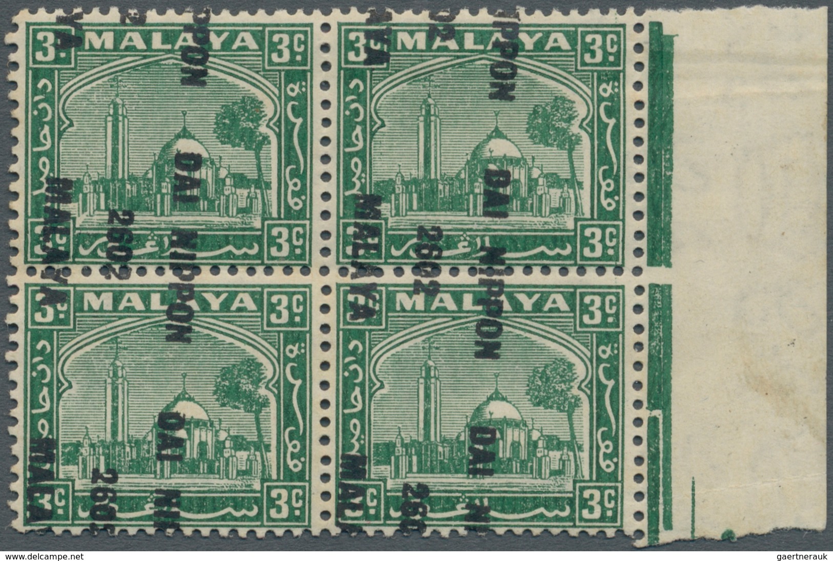 Malaiische Staaten - Selangor: 1942 Selangor 3c. Green Right Hand Marginal Block Of Four, "DAI NIPPO - Selangor