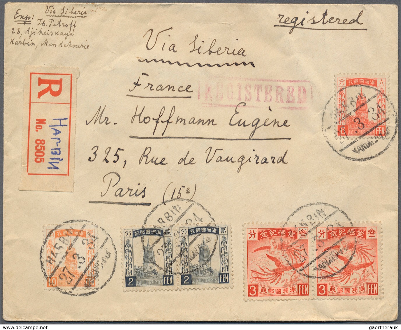 Mandschuko (Manchuko): 1934. Registered Envelope Addressed To France Bearing SG 4, 2f Grey (pair), S - 1932-45 Manchuria (Manchukuo)