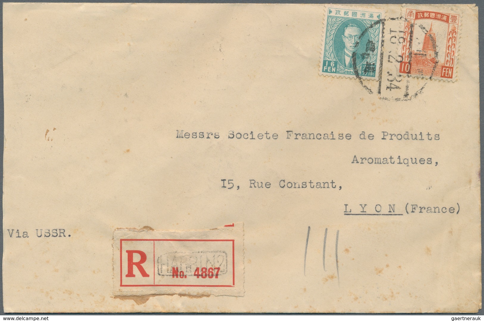 Mandschuko (Manchuko): 1934. Registered Envelope Addressed To France Bearing SG 11, 10f Orange And S - 1932-45 Manchuria (Manchukuo)