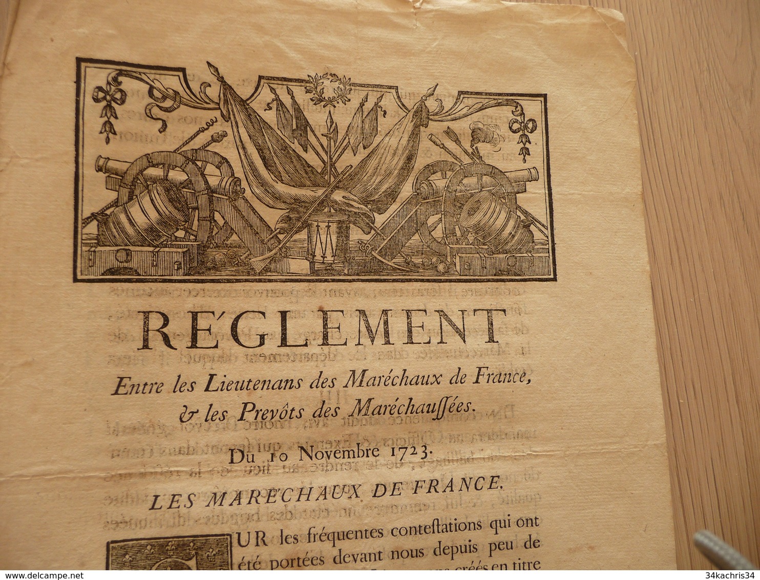 Maréchaux De France Règlement Lieutenants Maréchaux De France Et Prévôts Maréchaussée 10/11/1723 Belle Vignette Canon - Décrets & Lois