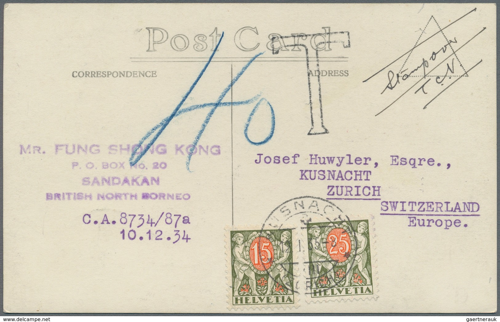 Nordborneo: 1934, Underpaid Picture Postcard From SANDAKAN To Küsnacht, Switzerland. There Taxed Wit - Noord Borneo (...-1963)