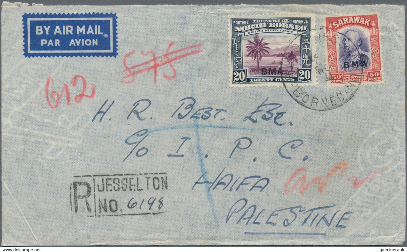 Nordborneo: 1947. Registered Air Mail Envelope Addressed To Palestine Bearing Sarawak British Milita - Noord Borneo (...-1963)
