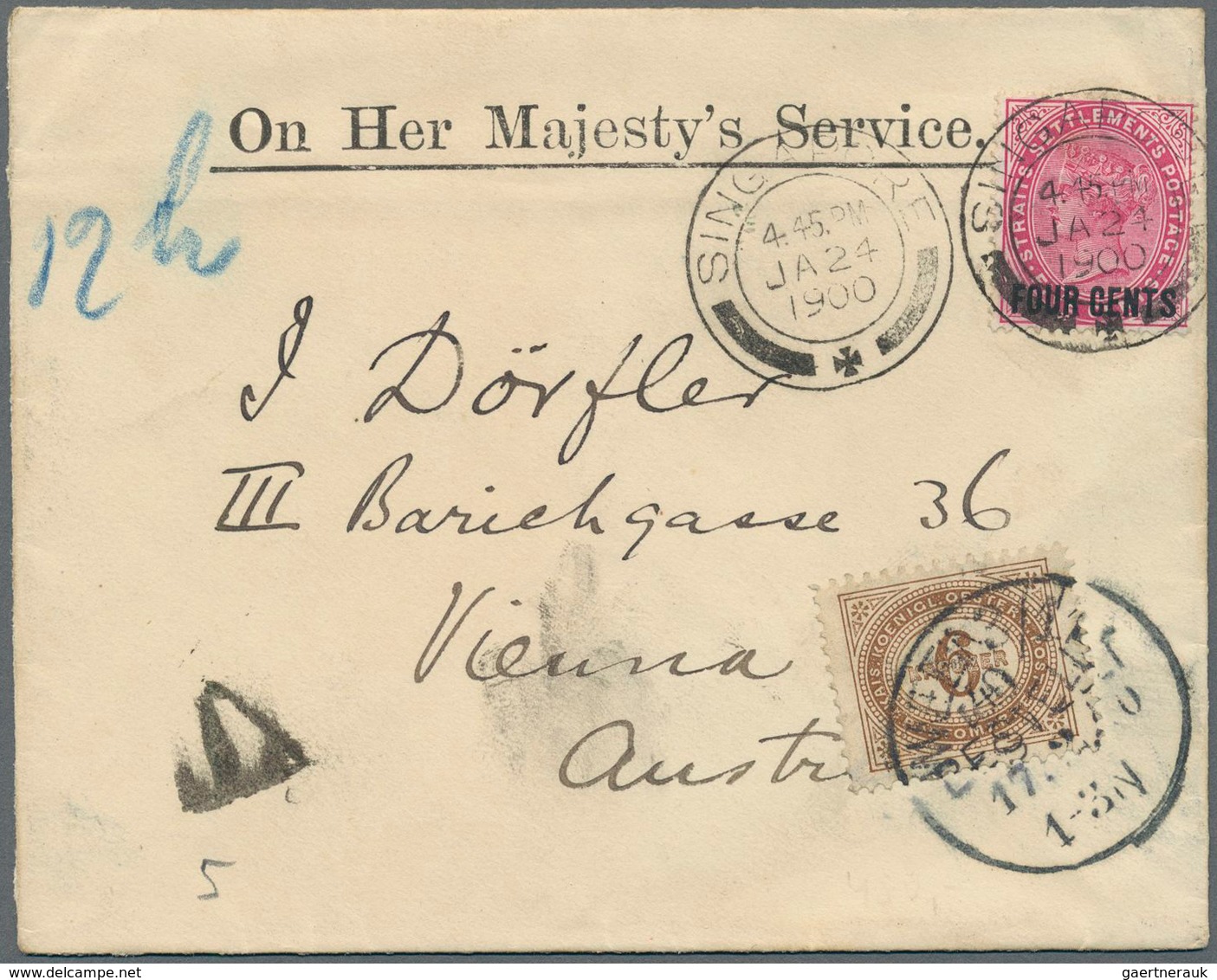 Singapur: 1900 Official 'O.H.M.S.' Envelope Used From Singapore To Vienna, Insufficiently Franked By - Singapore (...-1959)