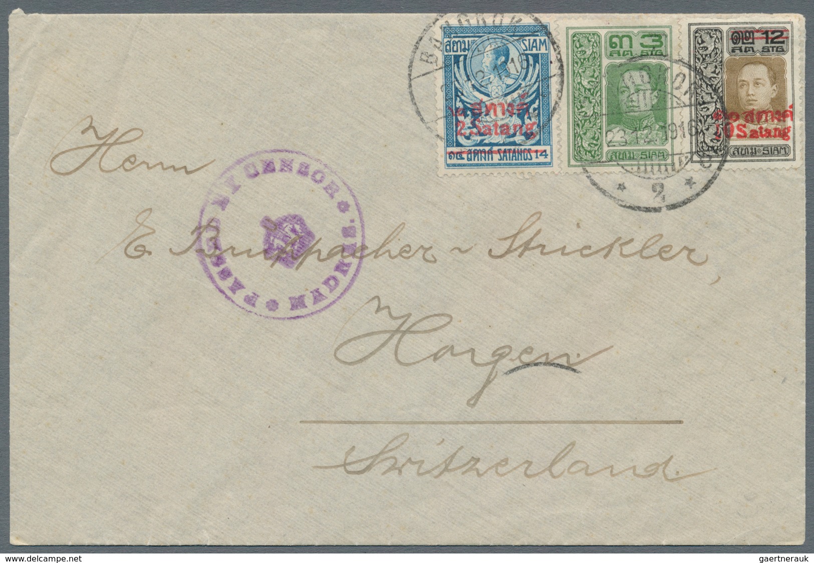 Thailand: 1916 Letter From Bangkok With Blue Censorship Cancel From Madras To Horgen/Switzerland Wit - Thailand