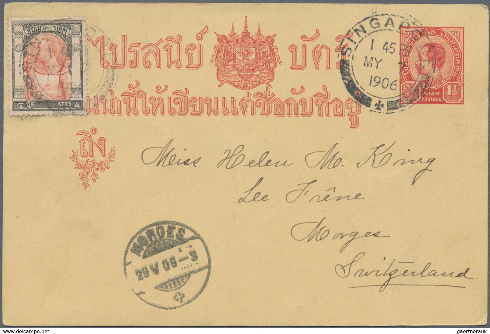 Thailand - Ganzsachen: 1906. Siam Postal Stationery Card 1½a Carmine Upgraded With SG 97, 4a Sepia A - Thailand