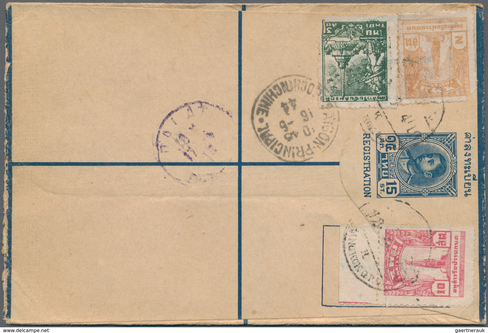 Thailand - Ganzsachen: 1944. Registered Rama VII Postal Stationery Envelope 15s Blue Upgraded With S - Thailand
