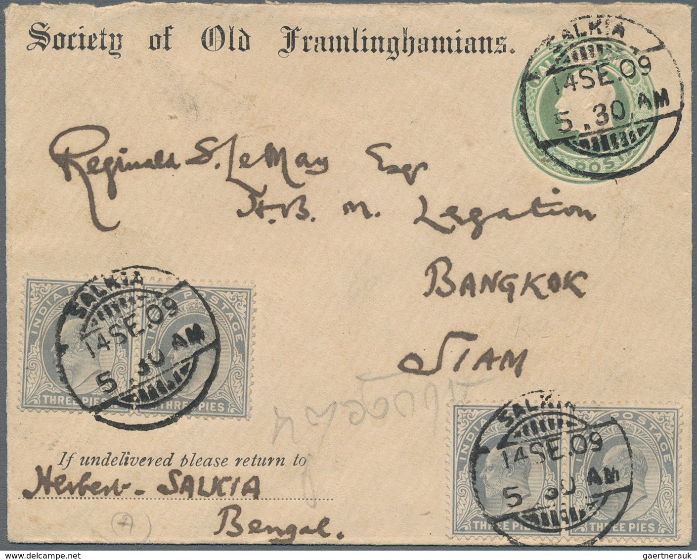 Thailand - Besonderheiten: 1909, Incoming Mail: Indian Half Anna Stationery Envelope With Preprinted - Tailandia