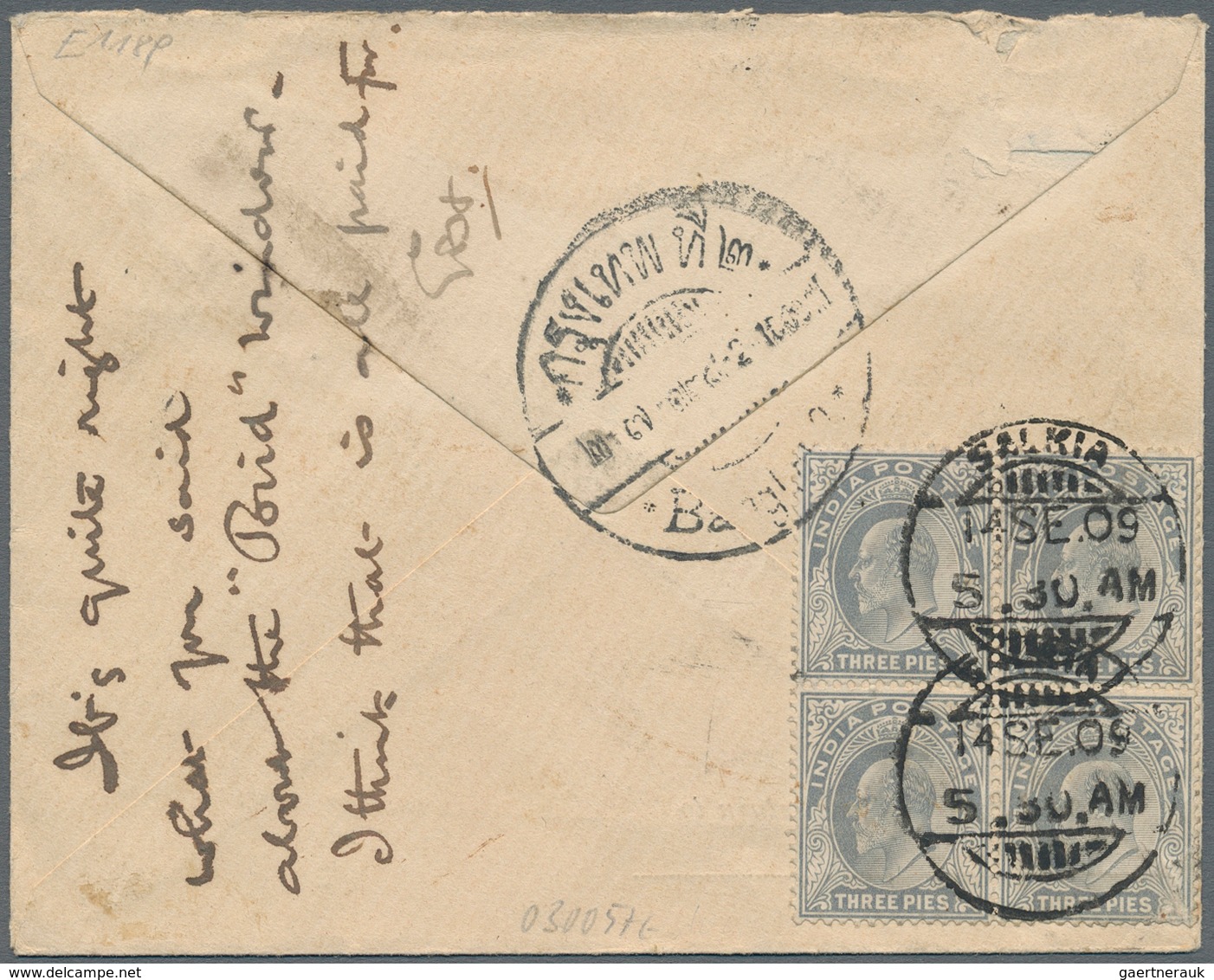 Thailand - Besonderheiten: 1909, Incoming Mail: Indian Half Anna Stationery Envelope With Preprinted - Thaïlande