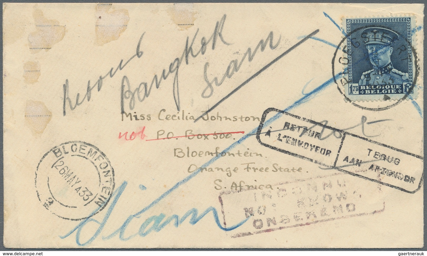 Thailand - Besonderheiten: 1933, INCOMING MAIL: Envelope Sent From "PLOGSTERT 23.4.33" (Belgium) To - Tailandia