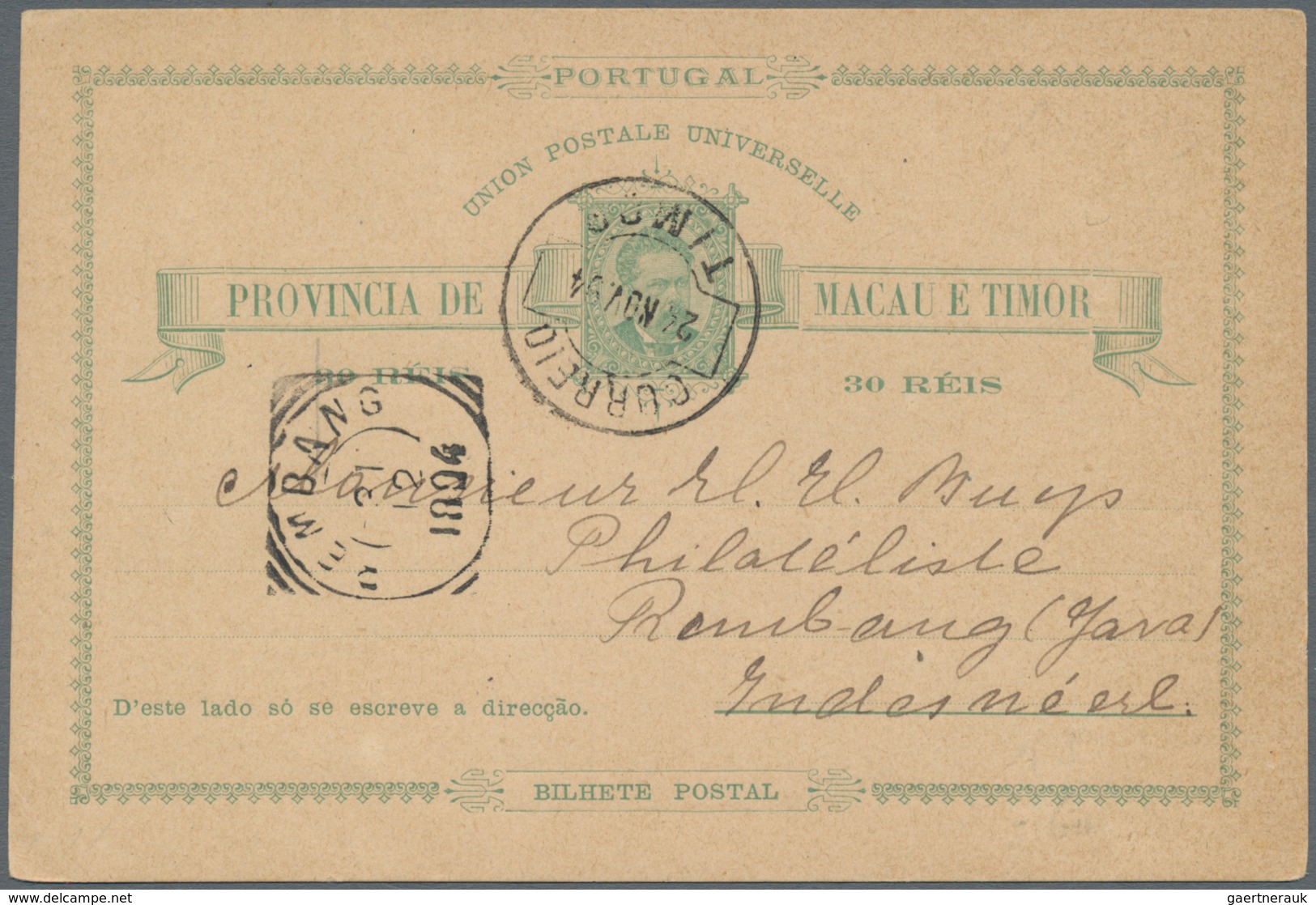 Timor: 1894. Timor Postal Stationery Card 30 Reis Green Cancelled By Timor Date Ate Stamp '24th Nov - Timor Orientale