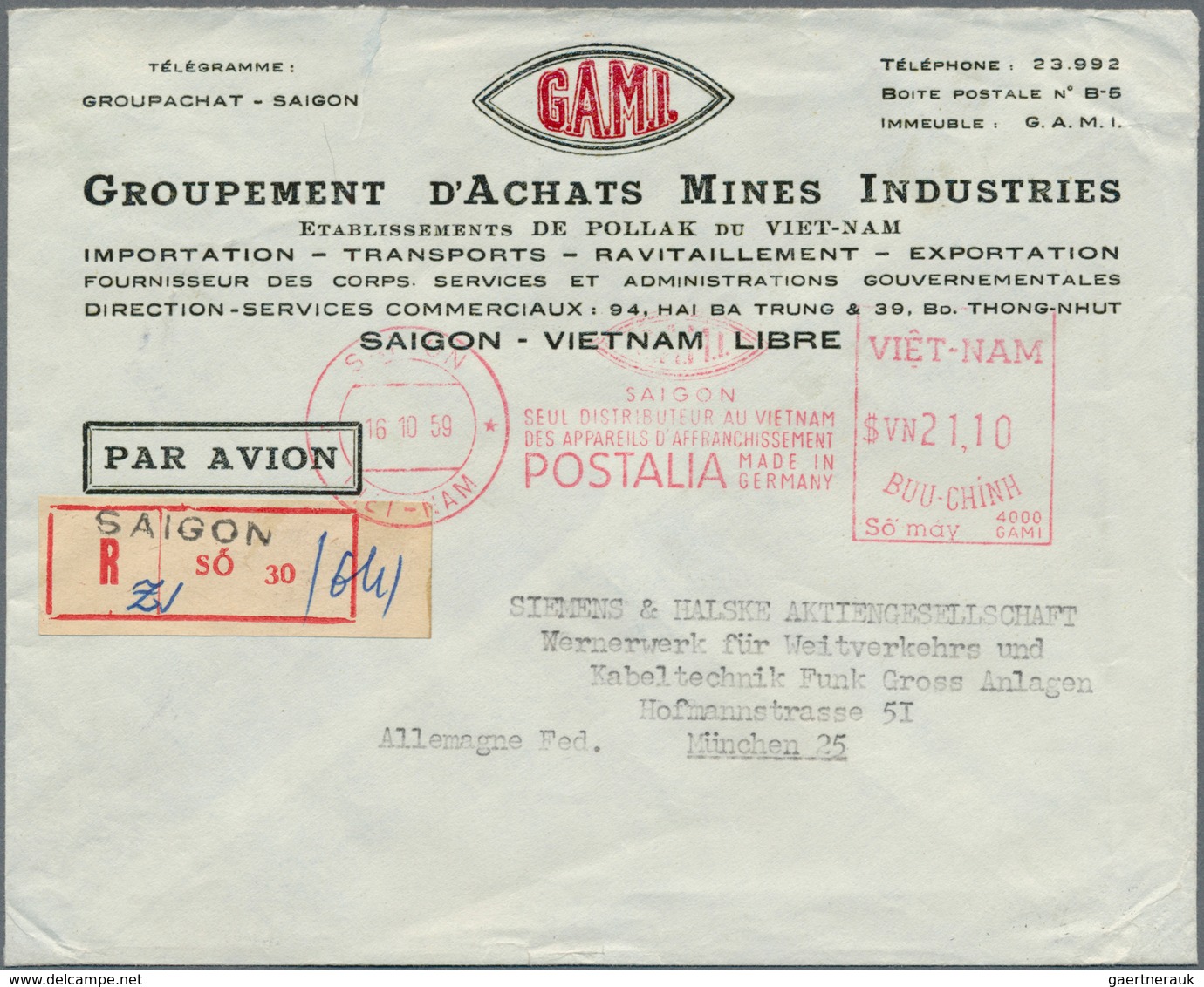 Vietnam-Süd (1951-1975): 1959, Meter By Postalia $VN21,10 From "SAIGON 16 10 59" To Registered Cover - Vietnam