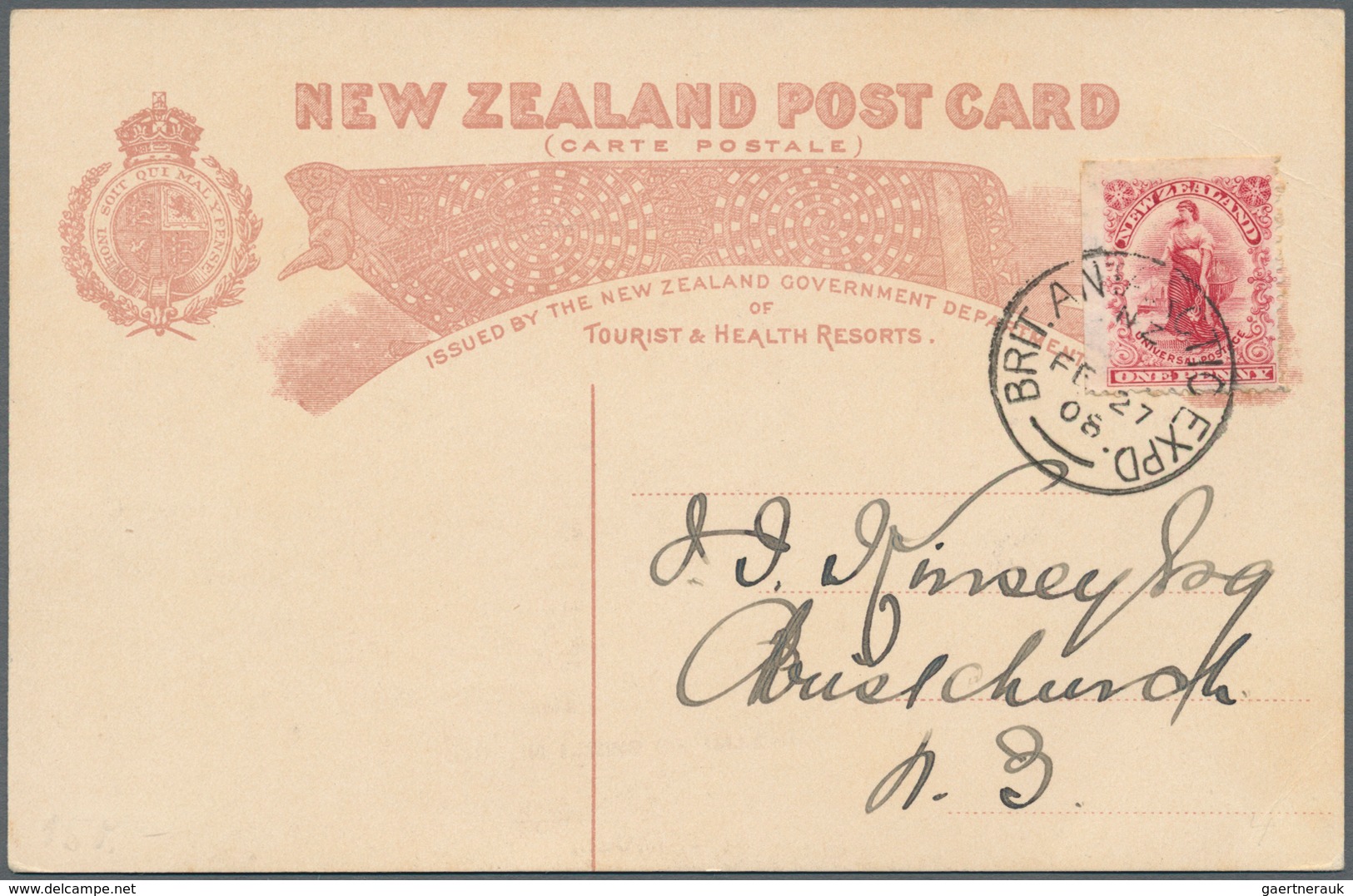 Thematik: Antarktis / Antarctic: 1908, New Zealand. Postmark "BRIT. ANTARCTIC EXPD. FE 27 08" On Add - Sonstige & Ohne Zuordnung