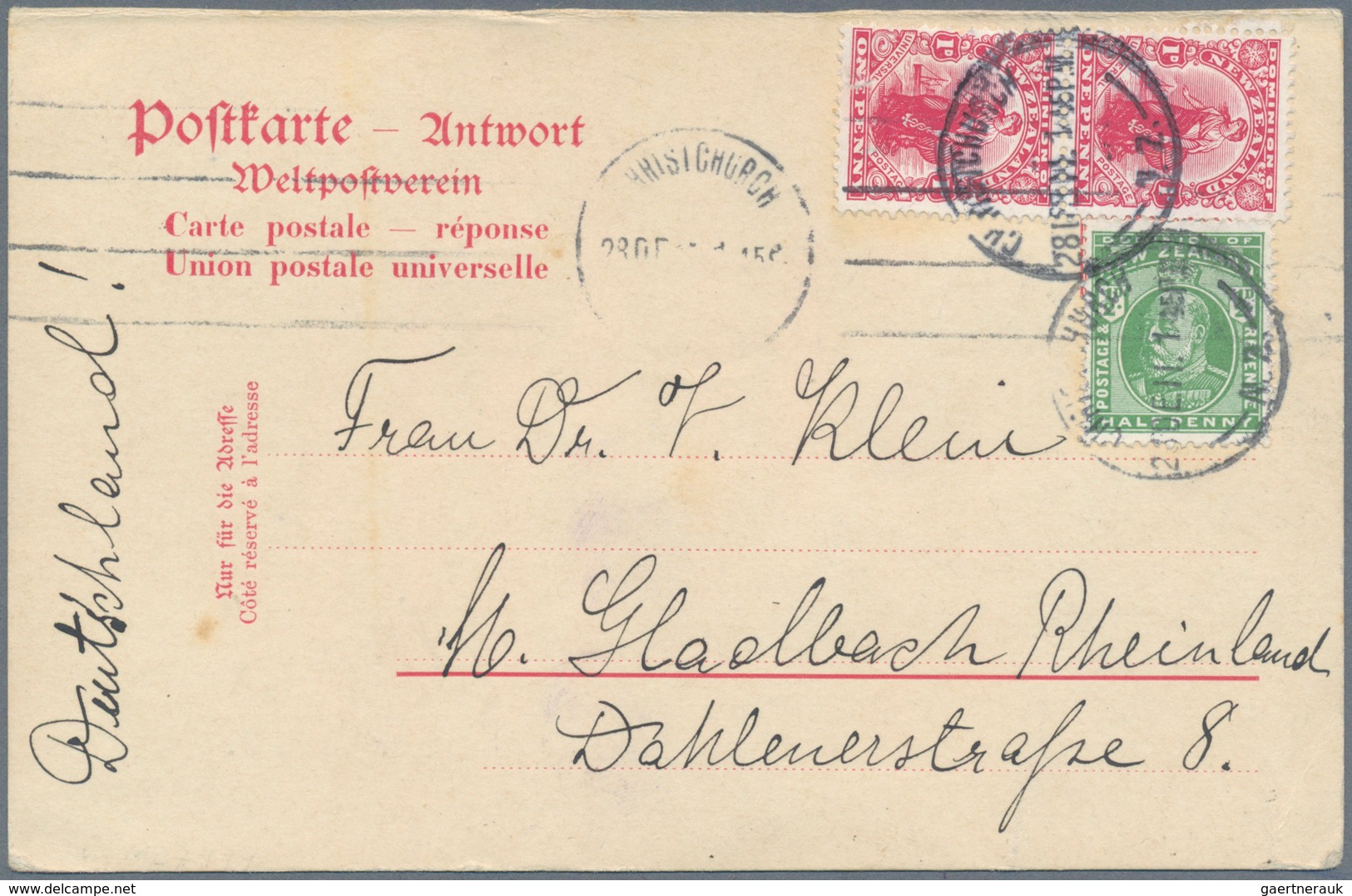 Thematik: Antarktis / Antarctic: 1911, New Zealand. German Reply Card Pasted Over With New Zealand M - Sonstige & Ohne Zuordnung