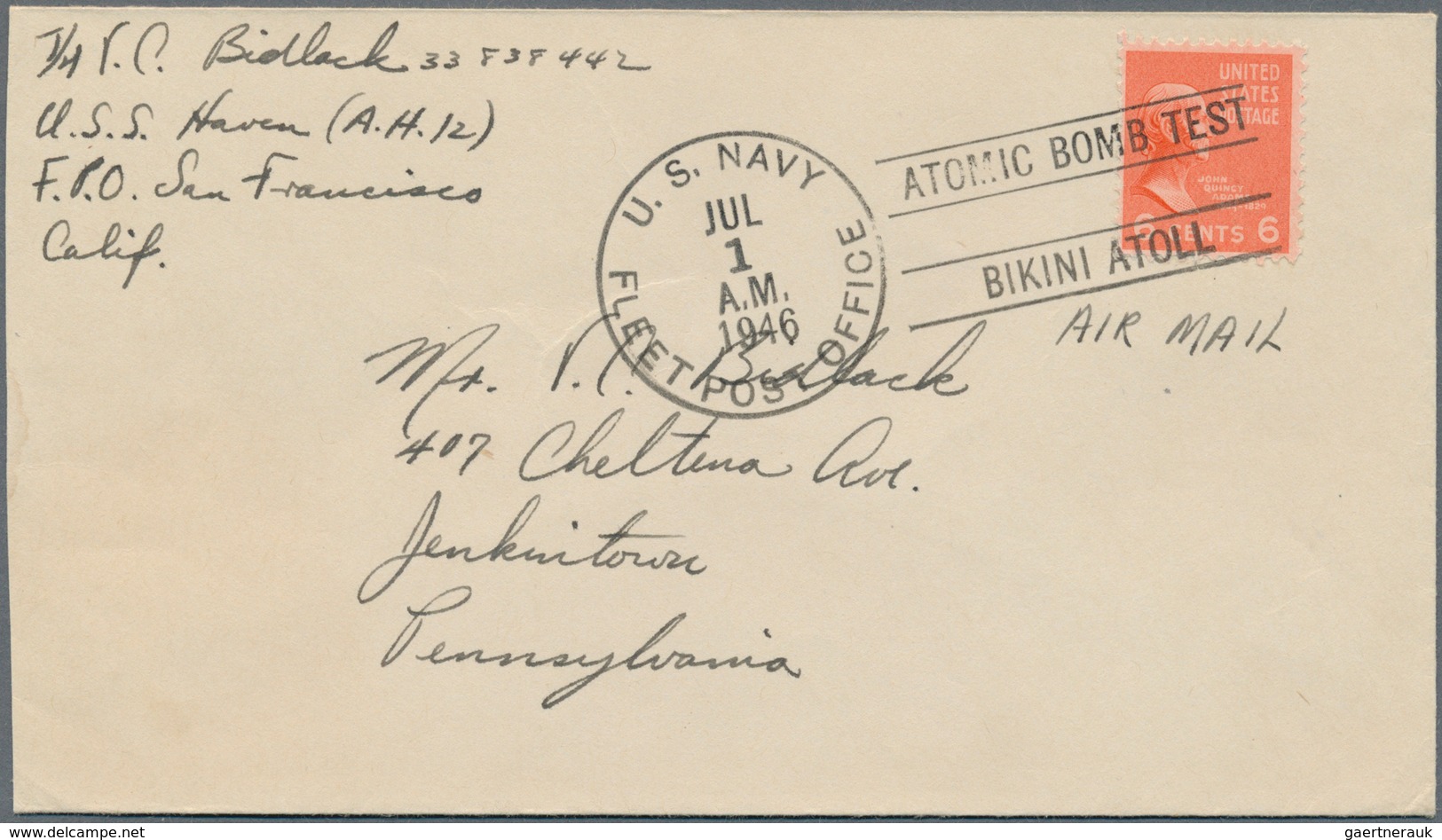 Thematik: Atom / Atom: 1946, USA. Machine Postmark "U.S.Navy JUL 1 1946 Fleet Post Office - ATOMIC B - Atoom