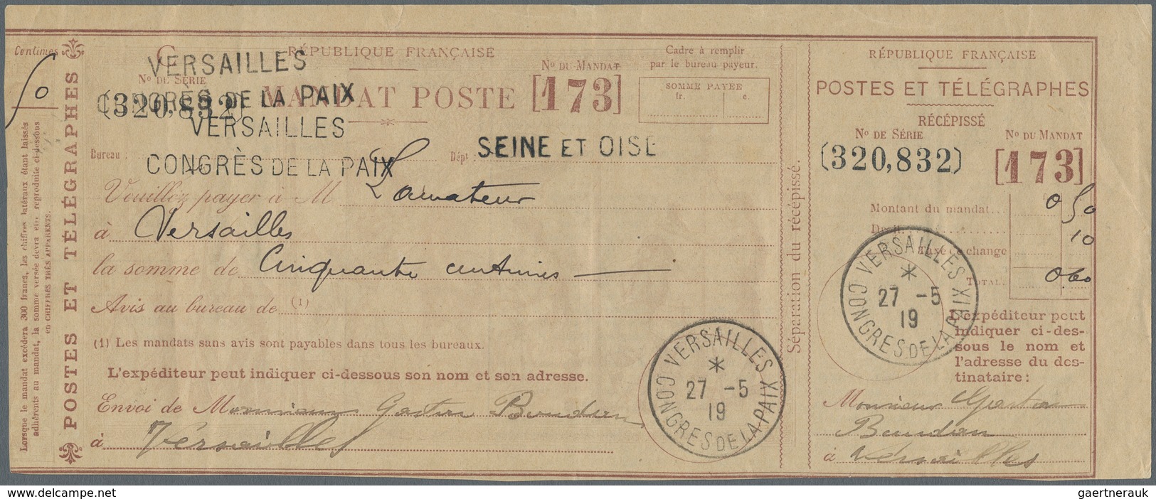 Thematik: Frieden / Peace: 1919, France. Used Postal Money Order Bearing Twice Two Line "Versailles - Zonder Classificatie
