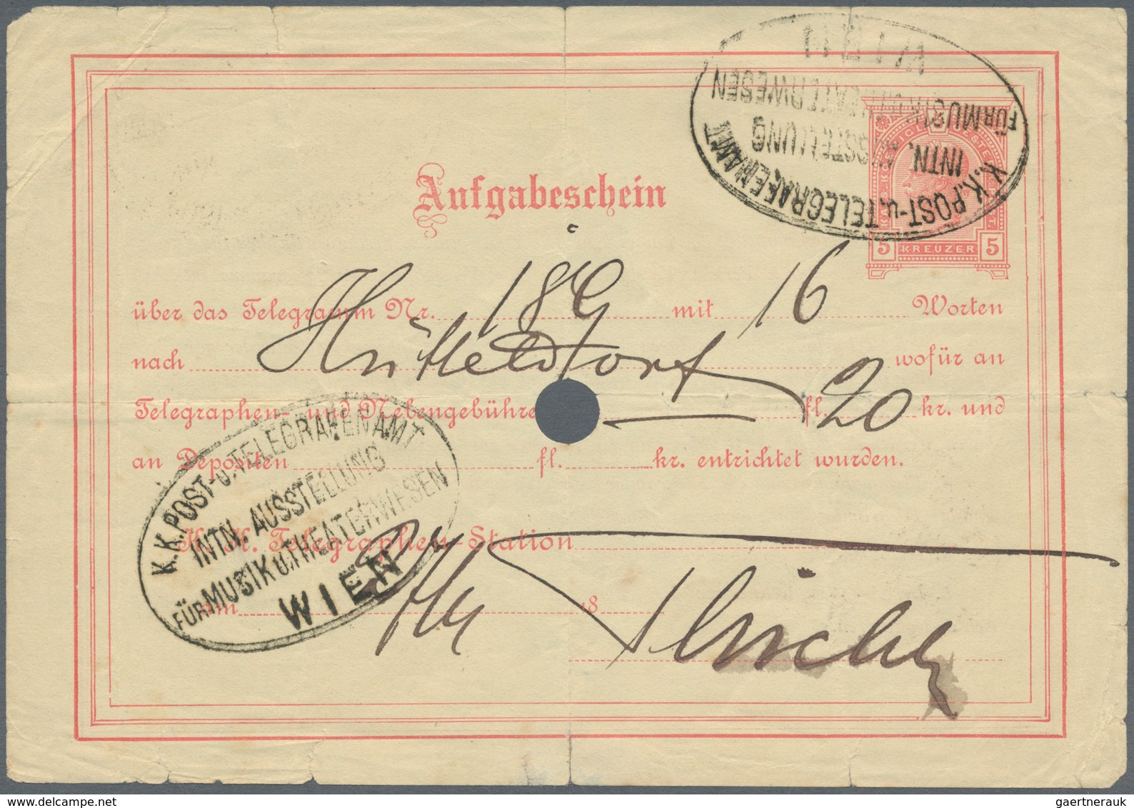Thematik: Musik / Music: 1892, Telegrammaufgabeschein 5 Heller Mit Sehr Seltenem Sonderstempel "K.K. - Muziek