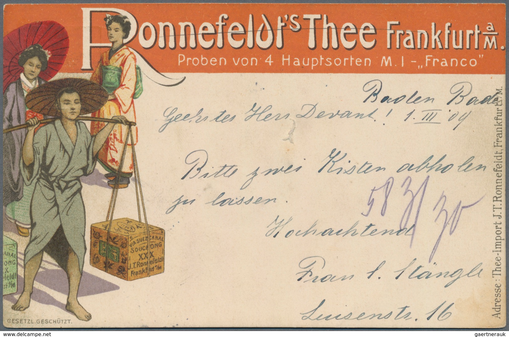 Thematik: Nahrung-Tee / Food-tea: 1909, Dt. Reich. Privat-Postkarte 5 Pf Germania "Ronnefeldt's Thee - Levensmiddelen