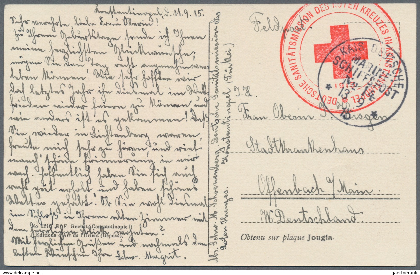 Thematik: Rotes Kreuz / Red Cross: 1915, Ppc CONSTANTINOPEL With Large Red Cachet "DEUTSCHE SANITÄTS - Croix-Rouge