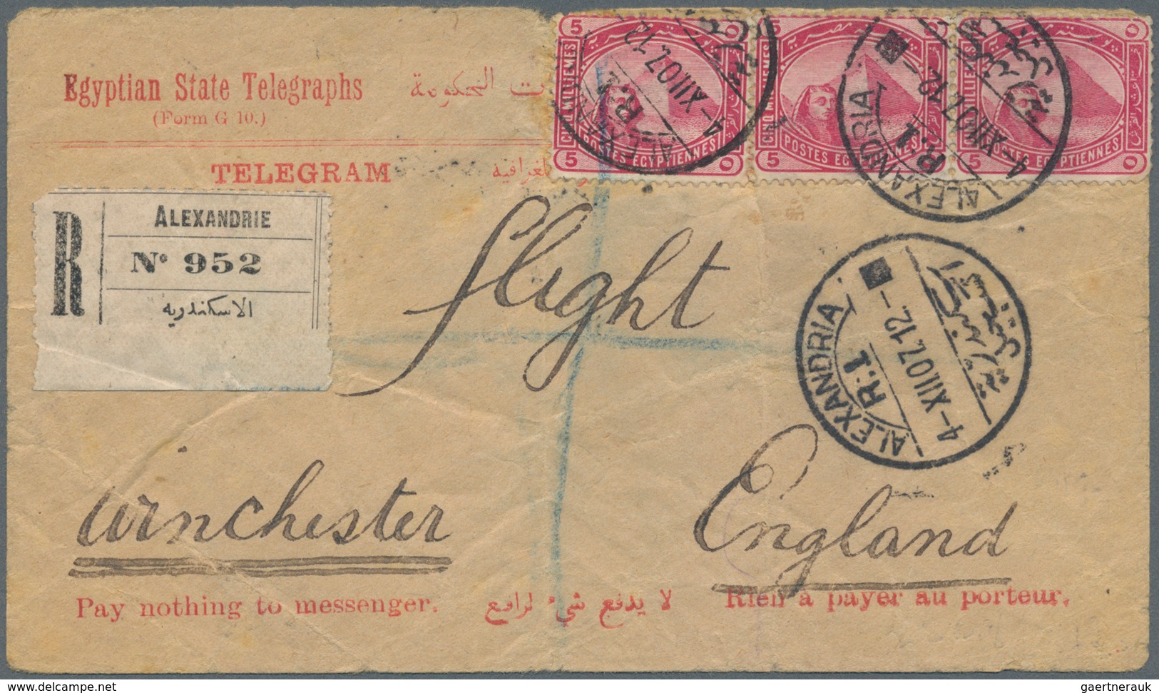 Ägypten: 1907. Registered 'Egyptian State Telegram' Envelope (tear At Top, Creased) Addressed To Eng - 1866-1914 Khedivaat Egypte