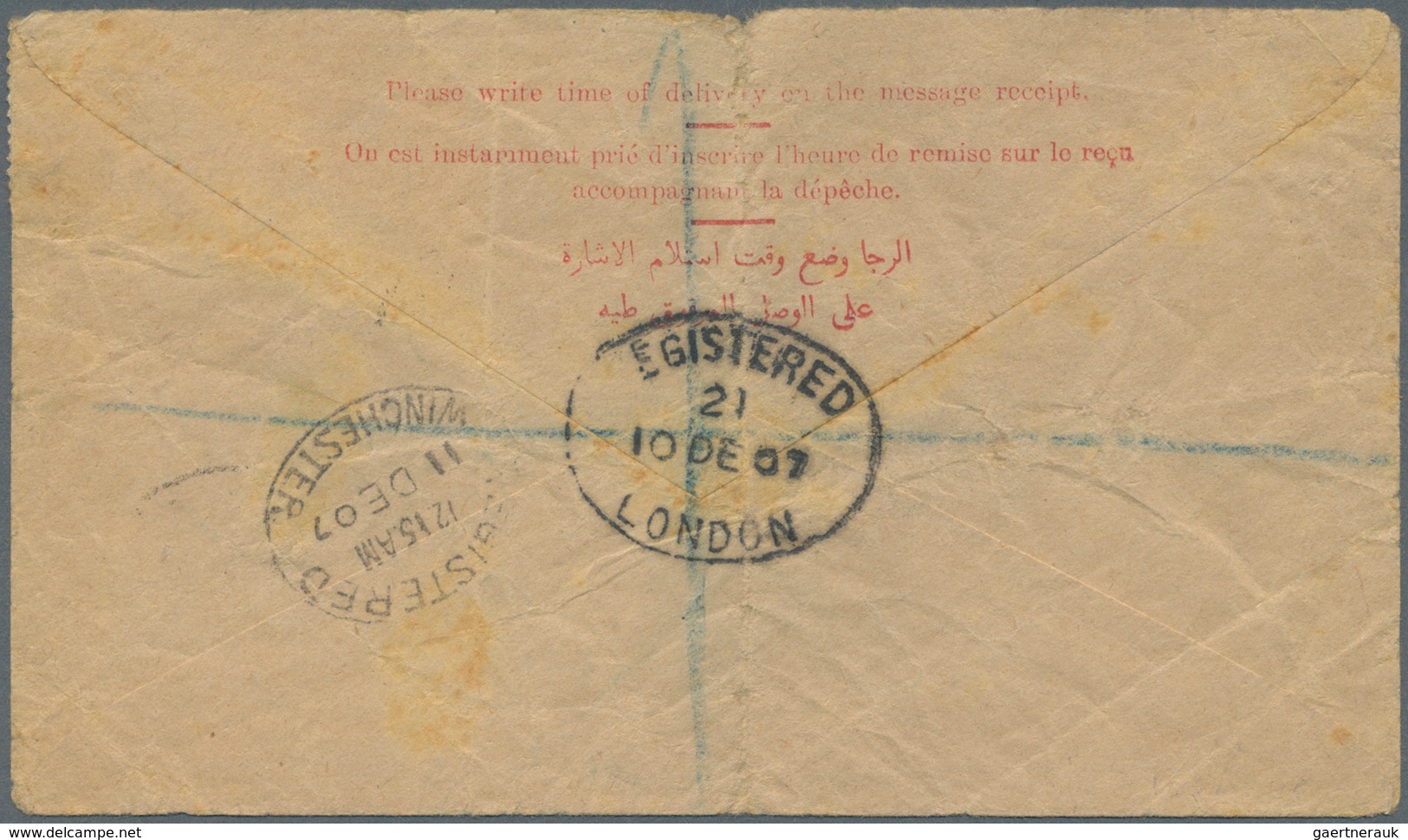 Ägypten: 1907. Registered 'Egyptian State Telegram' Envelope (tear At Top, Creased) Addressed To Eng - 1866-1914 Khedivaat Egypte