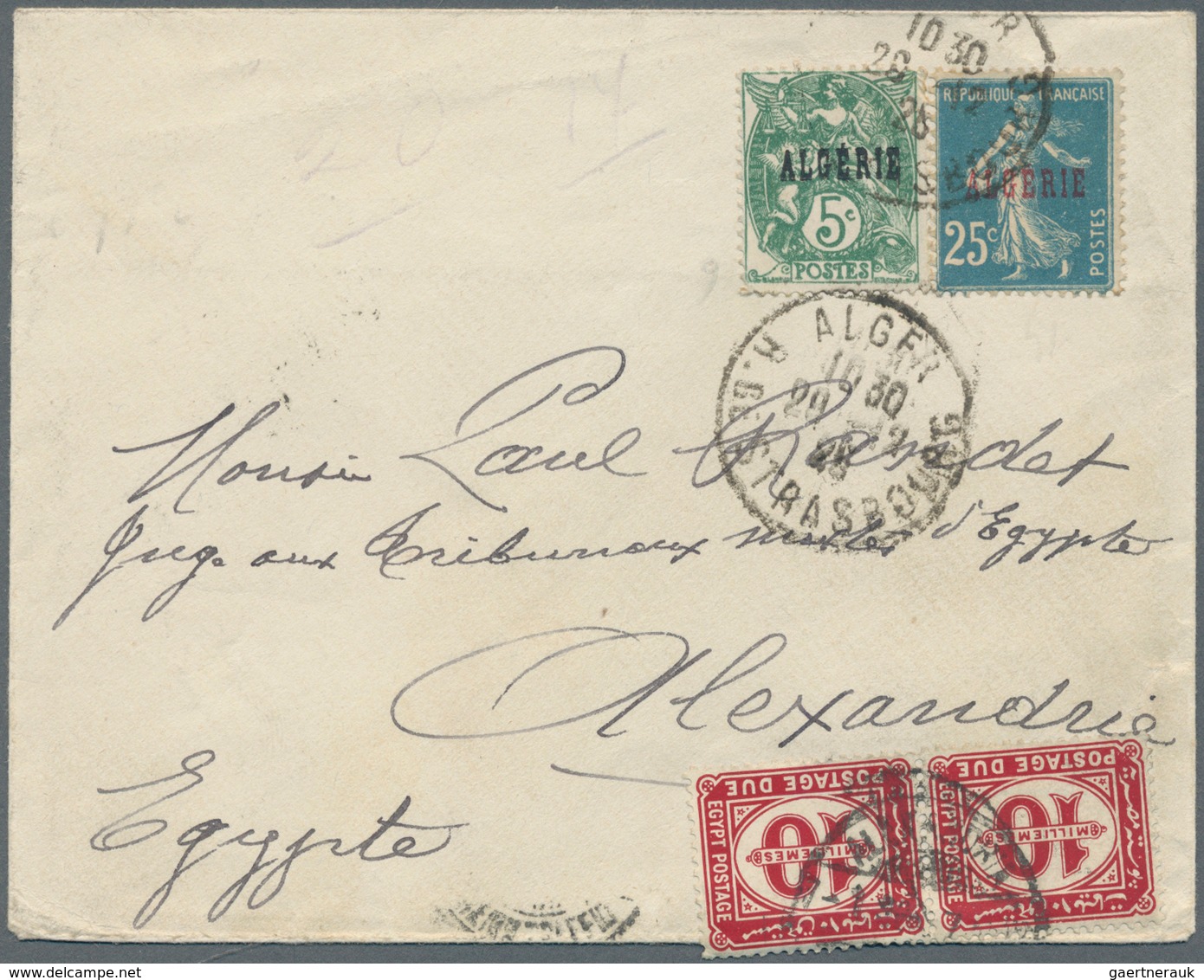 Ägypten - Portomarken: 1925. Envelope Addressed To Alexandria, Egypt Bearing Algeria Yvert 6, 5c Blu - Other & Unclassified
