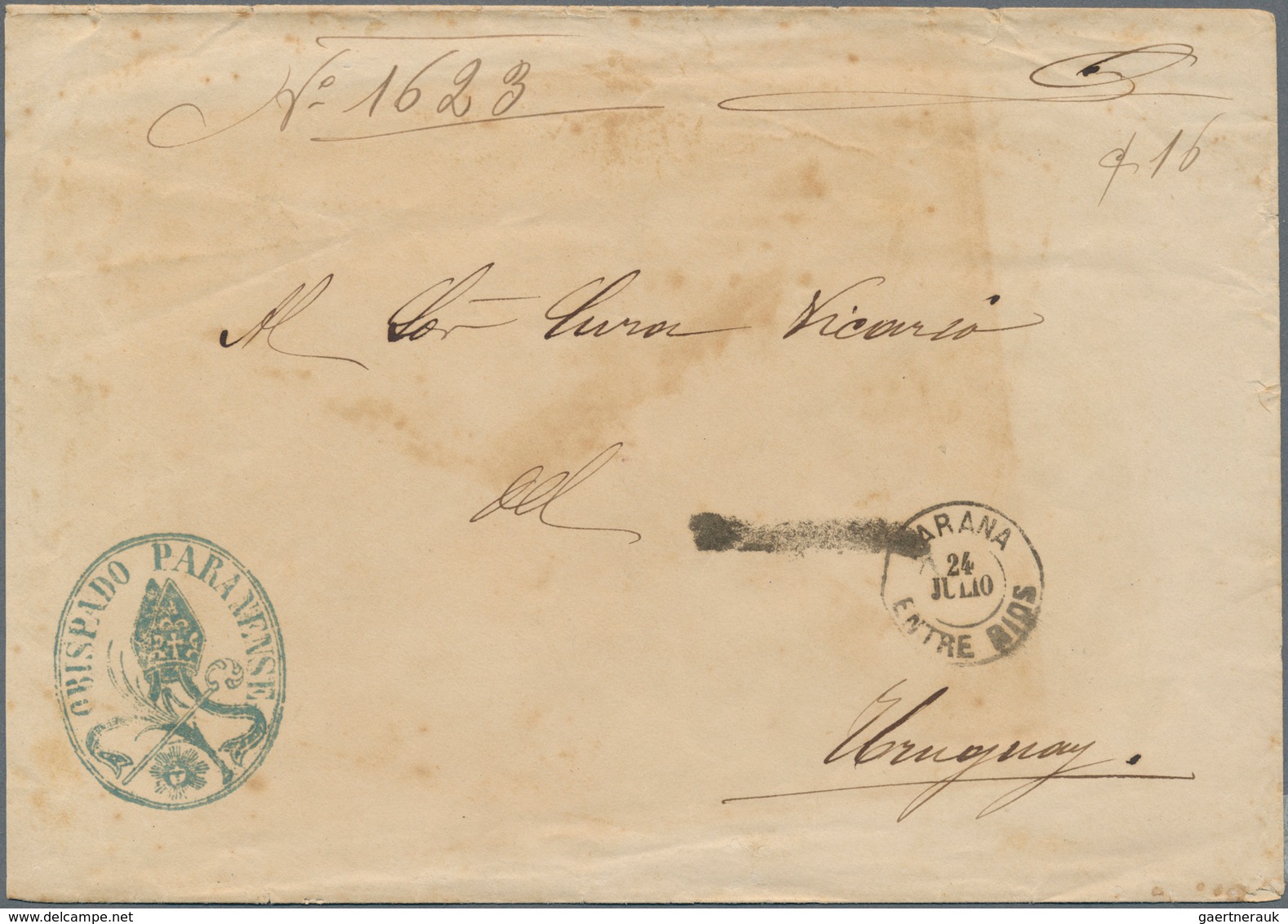 Argentinien: 1856, Stampless Envelope Marked "PARANA 24 JULI ENTRERIOS" And Blue Pictorial Bishop Ha - Andere & Zonder Classificatie