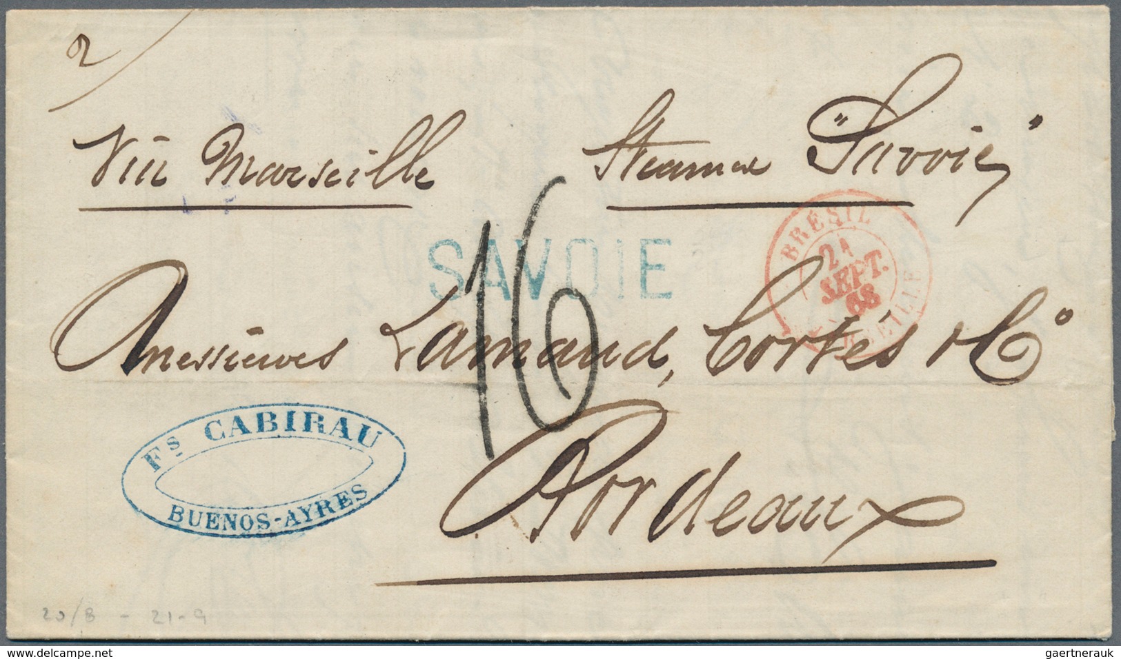 Argentinien: 1868, Stampless Entire Folded Letter With Blue Steamer Marking S. L. "SAVOIE" And Red F - Otros & Sin Clasificación