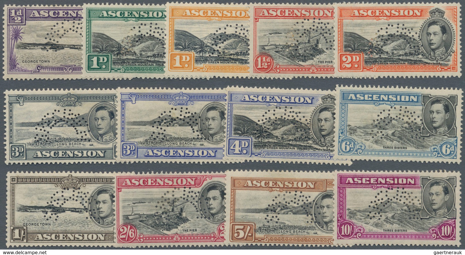 Ascension: 1938/1953, KGVI Definitives Complete Set Of 13 Perf. SPECIMEN, Mint Hinged With Heavy Ton - Ascension