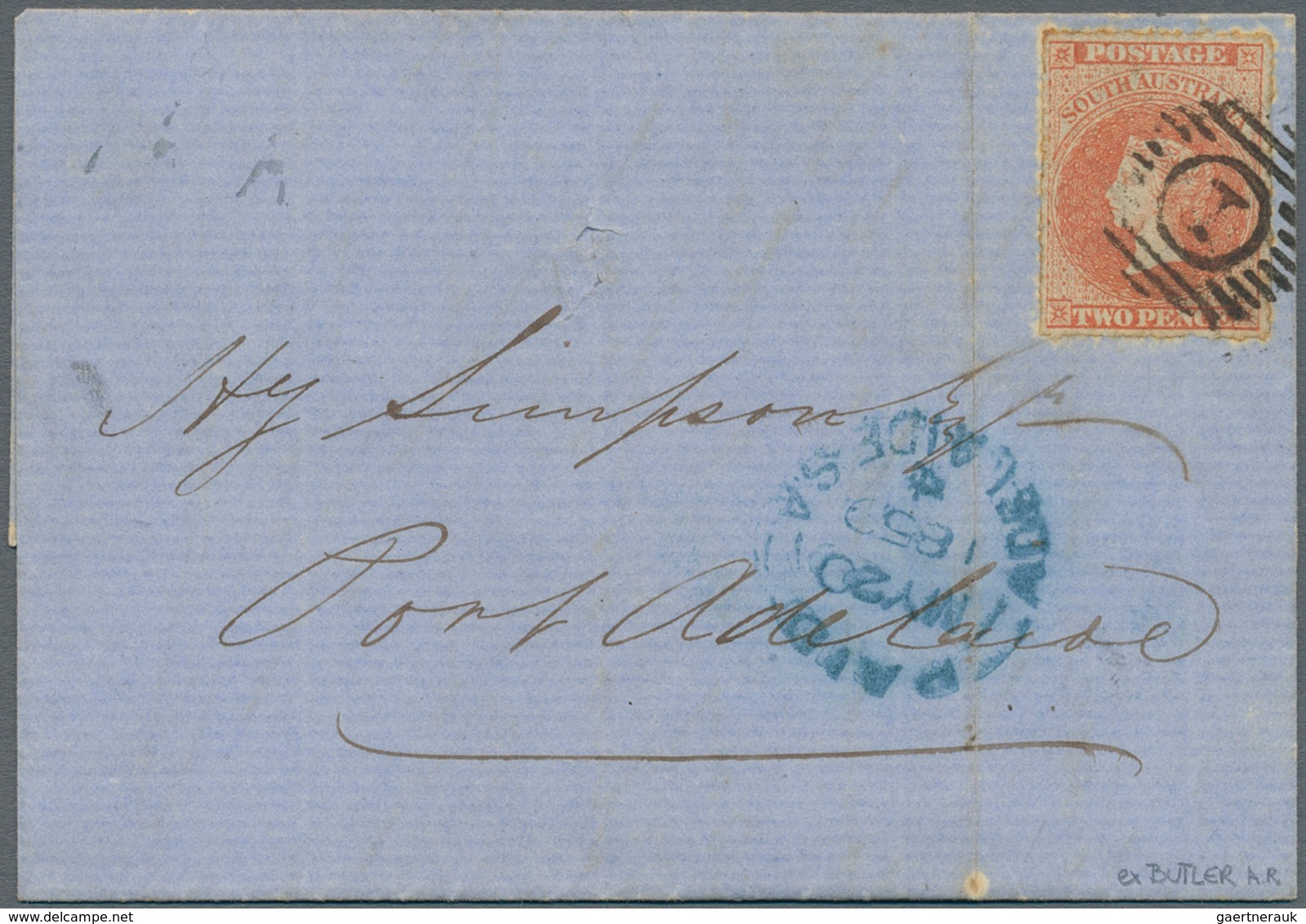 Südaustralien: 1859, Folded Letter Franked With 2 Pence Red Cancelled With Numeral "1" And Blue "PAI - Briefe U. Dokumente