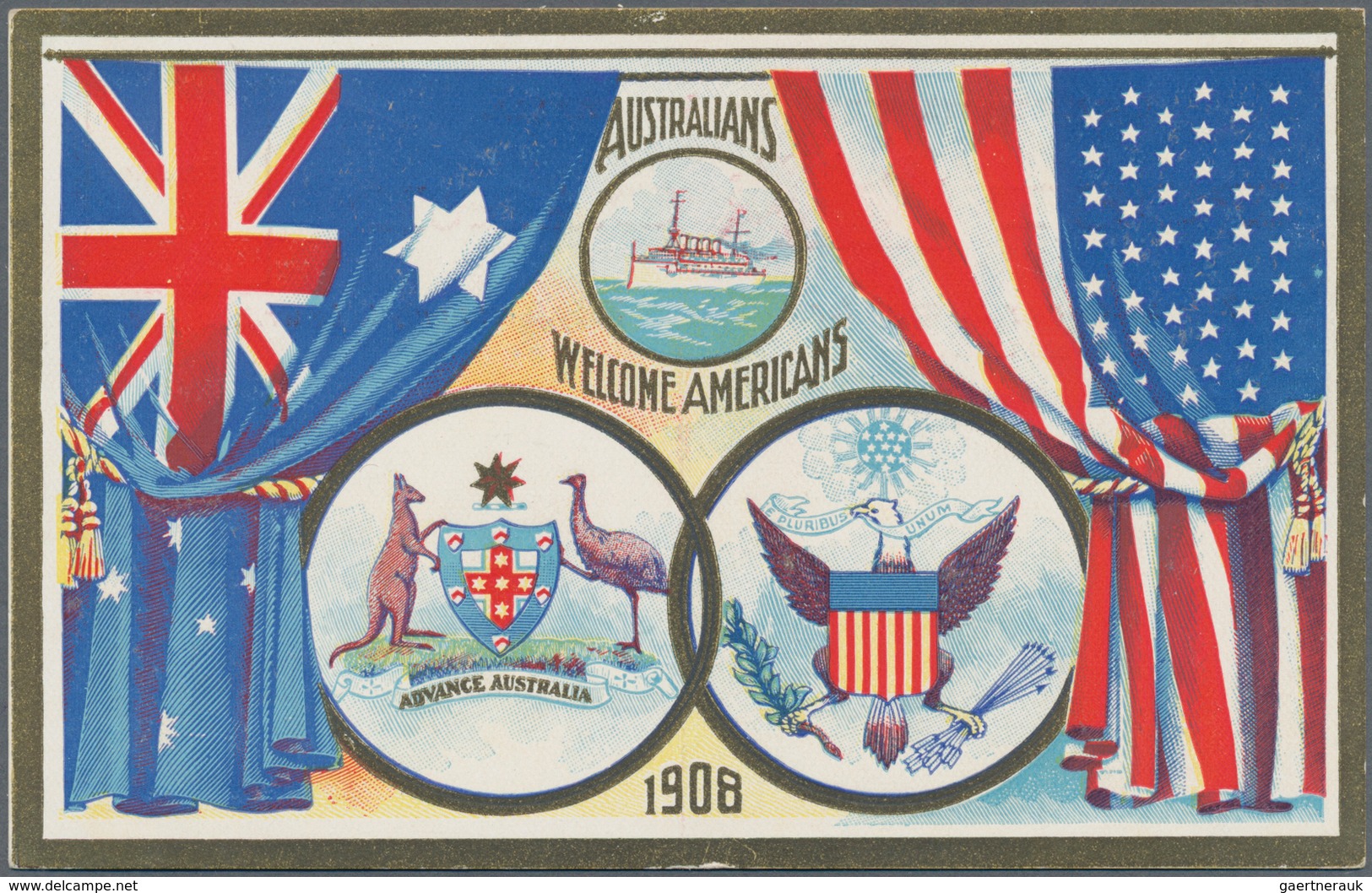 Südaustralien: 1908, Stat. Postcard QV 1d. Red With Colourful Picture On Reverse For 'AMERICAN FLEET - Brieven En Documenten