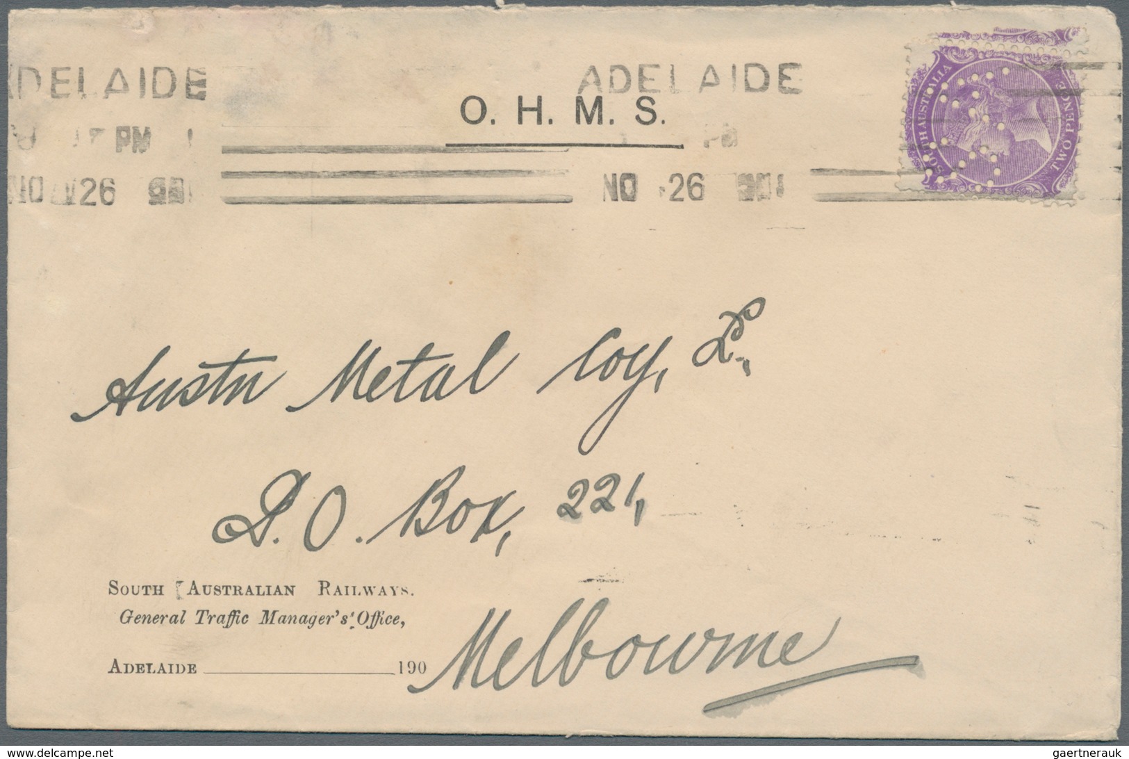 Südaustralien - Dienstmarken: 1908 (26.11.), QV 2d.violet Perf. 'SA' Single Use On Official 'O.H.M.S - Cartas & Documentos