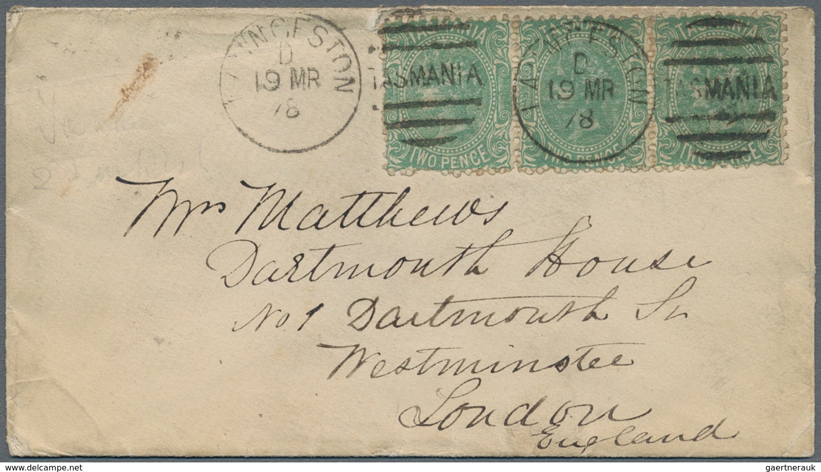 Tasmanien: 1878. Envelope Addressed To London Bearing Tasmania SG 151, 2d Green {strip Of Three) Tie - Brieven En Documenten