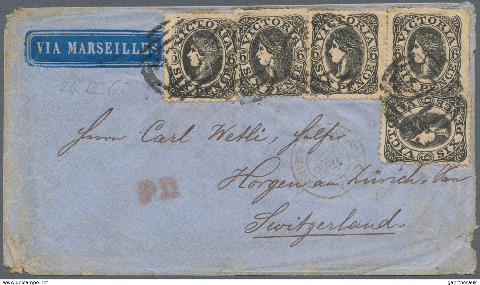 Victoria: 1865, QV 6 D. Black (5) Tied Oval Bar "27" To Small Envelope With Emboss "via Marseilles" - Covers & Documents