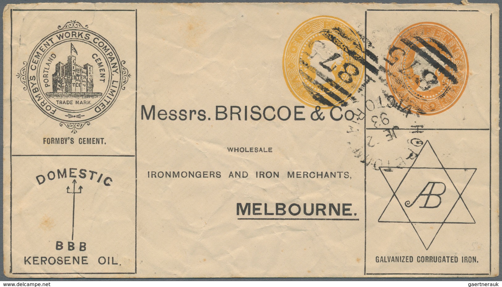 Victoria: 1893 (22.6.), PTPO Stat. Envelope With Impressions Of QV Embossed Oval 1d. Brown-orange An - Brieven En Documenten