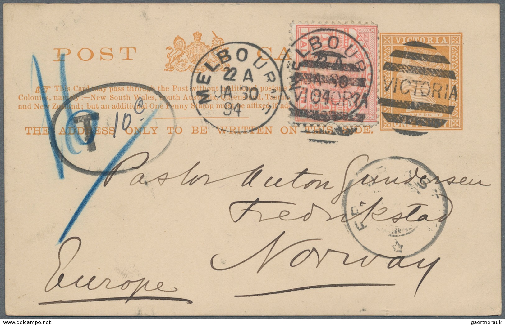 Victoria: 1894 Postal Stationery With Postage Due From Melbourne To Fredrikstad/Norway, Rare Destina - Brieven En Documenten