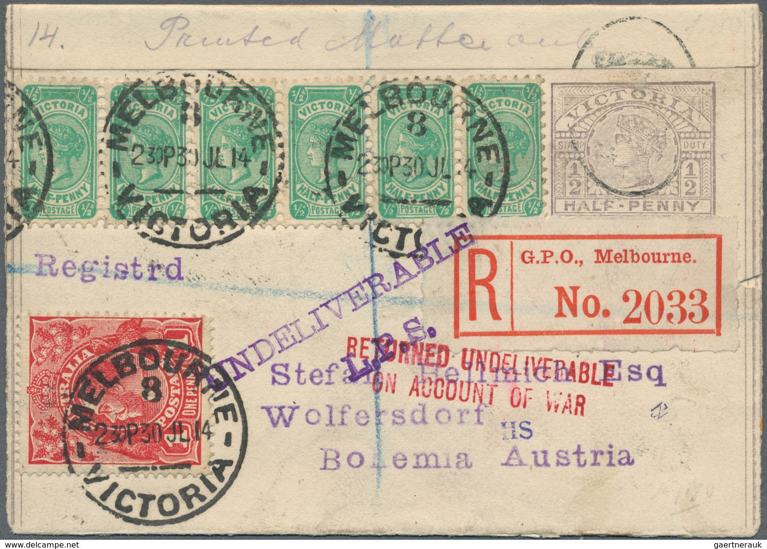 Victoria: 1914, Wrapper QV 1/2d Uprated QV 1/2d (6) And KGV 1d Canc. "MELBOURNE 30 JL 14" Registered - Brieven En Documenten